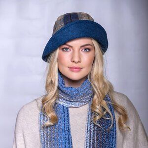 New Women's Wool Brimmed Hat Cream Blue Brown Check (Made in Ireland)